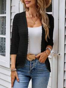 1 pieza Chaqueta de mujer de unicolor regular de manga larga, minimalista y de moda para el verano, casual de negocios para mujer en otoño/invierno - Negro - Ver 5