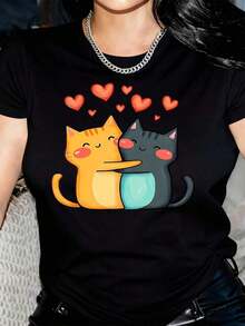 ropa de mujer Camiseta de mujer con adorable diseño de gato de dibujos animados abrazando - Camiseta de cuello redondo suave y cómoda, perfecta para uso casual, regalos o fiestas de disfraces, camiseta para todas las estaciones con gráfico divertido, camisas de mujer - Negro - Ver 6