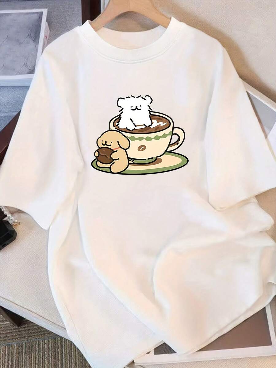 Camiseta de Verano Moderna de Algodón, Holgada, de Cuello Redondo, Versátil, Cómoda, Casual, para Mujer, Juvenil, a la Moda, de Manga Corta para Uso Diario - Blanco - Ver 1