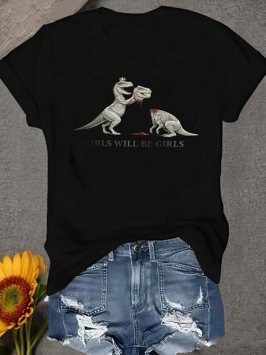 Una camiseta de mujer de manga corta, holgada, moderna, retro y elegante, adecuada para actividades al aire libre en primavera y verano, con un estampado de dinosaurio Tyrannosaurus rex y frases, un jersey casual de cuello redondo para el uso diario, cómoda y suave.blusas para mujer,blusas casuales para dama,tops,, mujer premium,y2k,playeras de mujer curvy,ofertas y liquidaciones ropa mujer,playeras deportivas para mujer,,playeras de hombre, mujer,blusas>elegante KJ17 - Negro - Ver 1