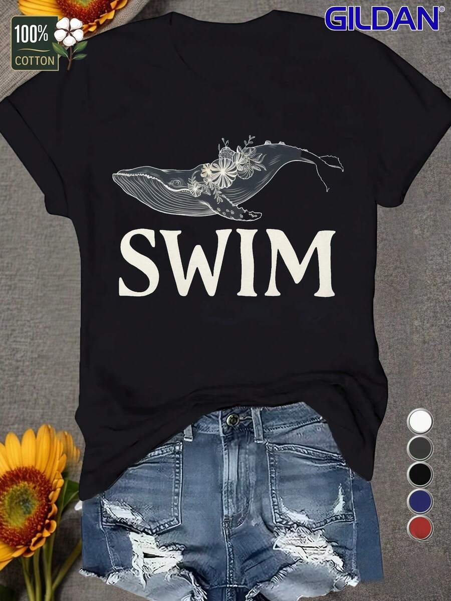 Una camiseta de mujer de manga corta, holgada, moderna, retro y elegante, adecuada para actividades al aire libre en primavera y verano, con ilustraciones florales y de ballenas nadando, y un ajuste cómodo.blusas para mujer,blusas casuales para dama,tops,, mujer premium,y2k,playeras de mujer curvy,ofertas y liquidaciones ropa mujer,playeras deportivas para mujer,,playeras de hombre, mujer,blusas>elegante JX5Q - Negro - Ver 1