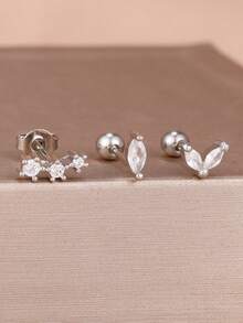3件組女款時尚耳釘套組 不鏽鋼立方鋯石葉子花朵氣質耳環飾品 - 1-Silver-3PCS - 查看 2