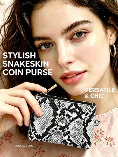 1 pezzo Portamonete e portacarte di stile europeo e americano con motivo a pelle di serpente, portafoglio piccolo di moda con motivo a pelle di serpente e grande capacità, realizzato in materiale in pelle sintetica con motivo asimmetrico casuale, in grado di contenere monete, carte, auricolari, chiavi, portacarte minimalista, borsa per rossetto, borsa per auricolari, borsa per chiavi, grande capacità per carte bancarie, contanti, monete, carte di credito, adatto per gli essenziali per il pendolarismo quotidiano, regali per le vacanze