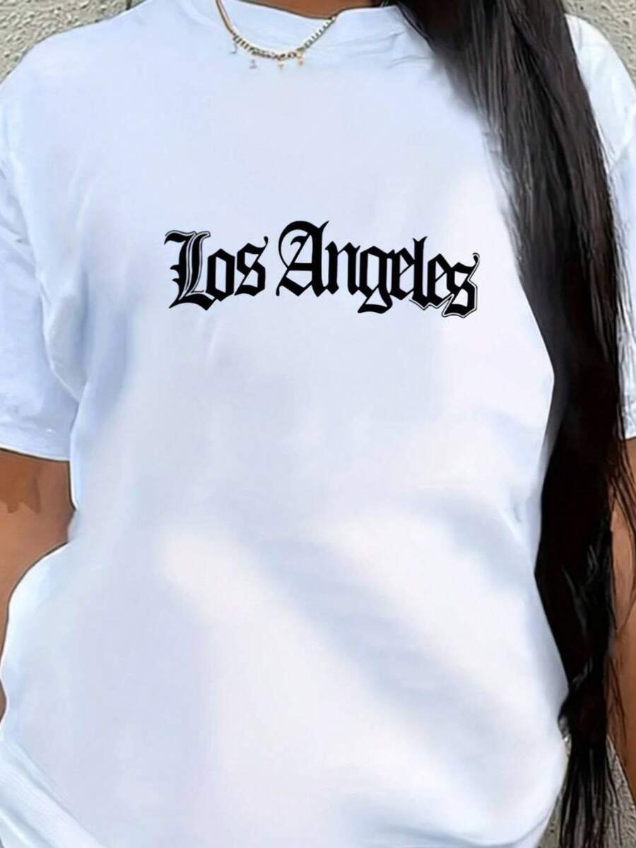 Versatile, Comfortable And Elegant Casual T-Shirt For Women, White T-Shirt With The Elegant "Los Angeles" Logo, Perfect For A Contemporary Casual And Comfortable Style. - 白色 - 查看 1