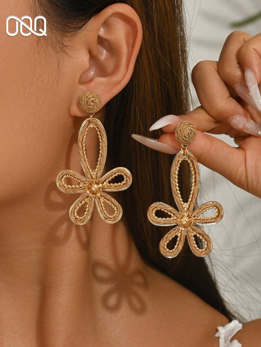 OOQ 1 Pasang Anting Bunga Berongga Rotan Buatan Tangan Minimalis Musim Panas, Anting Wanita Elegan, Modis, Manis, Segar, Serbaguna, dan Dapat Dipersonalisasi, Cocok untuk Pantai, Pesta, Pernikahan, Hadiah untuk Pengiring Pengantin (Anyaman Rotan Buatan Tangan, Bentuk dan Arah Acak) - Khaki - View 1