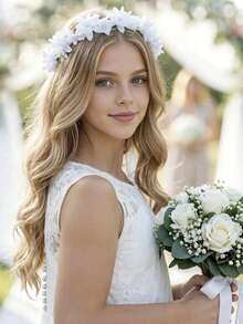 1pc First Holy Communion Headpiece For Girls, White Flower Headband Veil Crown Headpiece With Bow, Pearl Hair Accessory For Wedding - White - View 3