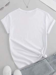 Round Neck T-Shirt With Funny  Face Print, Casual Short Sleeve, Micro-Elastic, Non-See-Through, Easy Care Material, Ideal For Casual Outfits, Women's Clothing - 黑色 - 查看 2