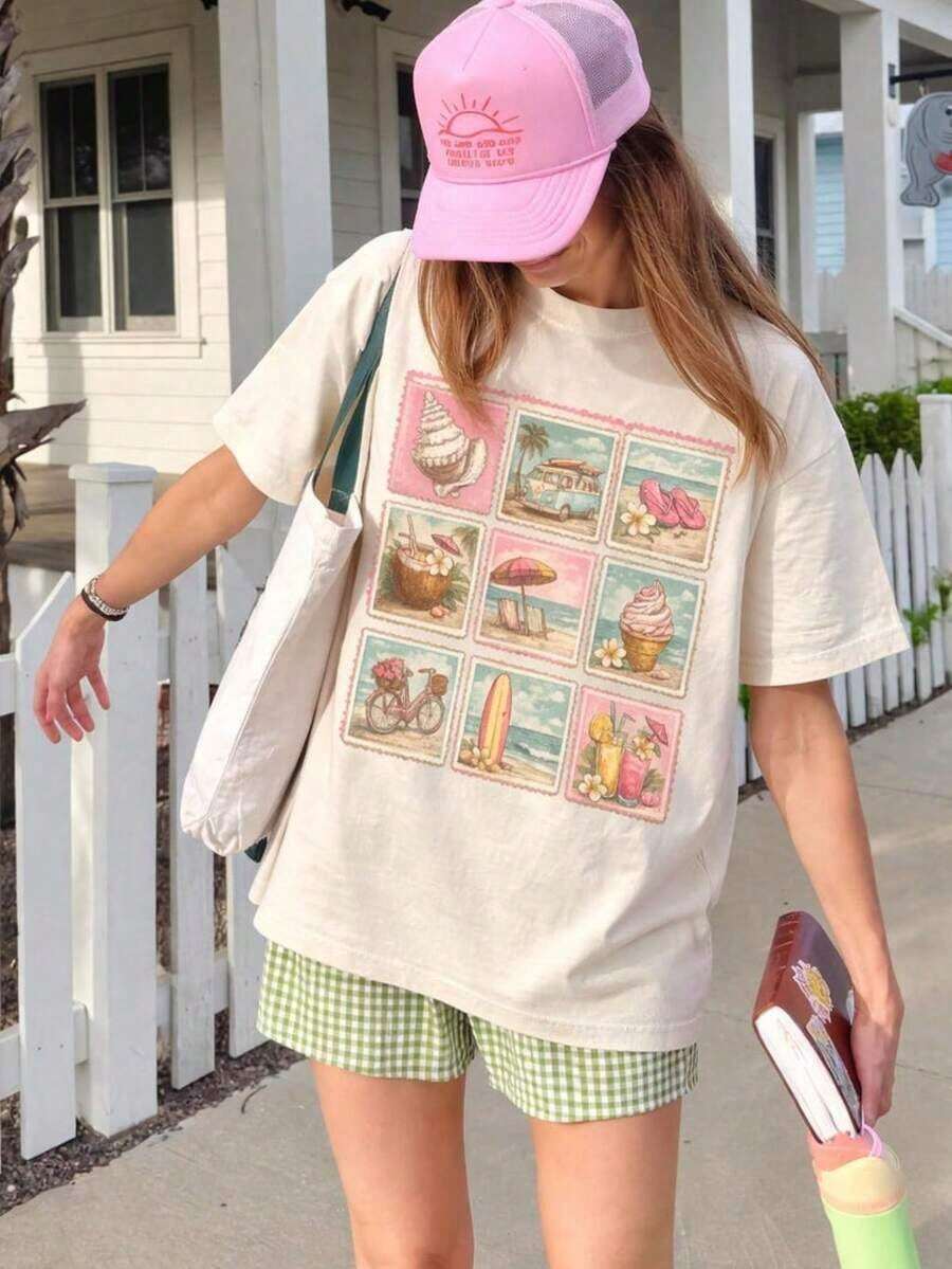 Camiseta Vintage con Estampado de Playa, Camiseta Retro de Verano con Diseño Costero, para Amantes de la Playa, Camiseta de Vacaciones para Mujer, Bonito Top de Verano - Blanco - Ver 1