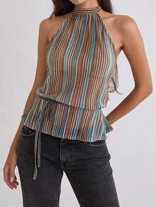 Women's Halter Neck Tank Top Sleeveless Open Back Ruched Cami Top Y2K Ruffle Hem Peplum Shirts With Tie Waist - Multicolor - View 2