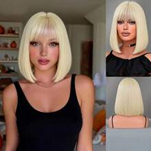 Peluca bob con degradado dorado de 12 pulgadas con flequillo, fibra sintética de alta densidad, uso diario elegante y de moda, adecuada para todas las mujeres - oro - Ver 2