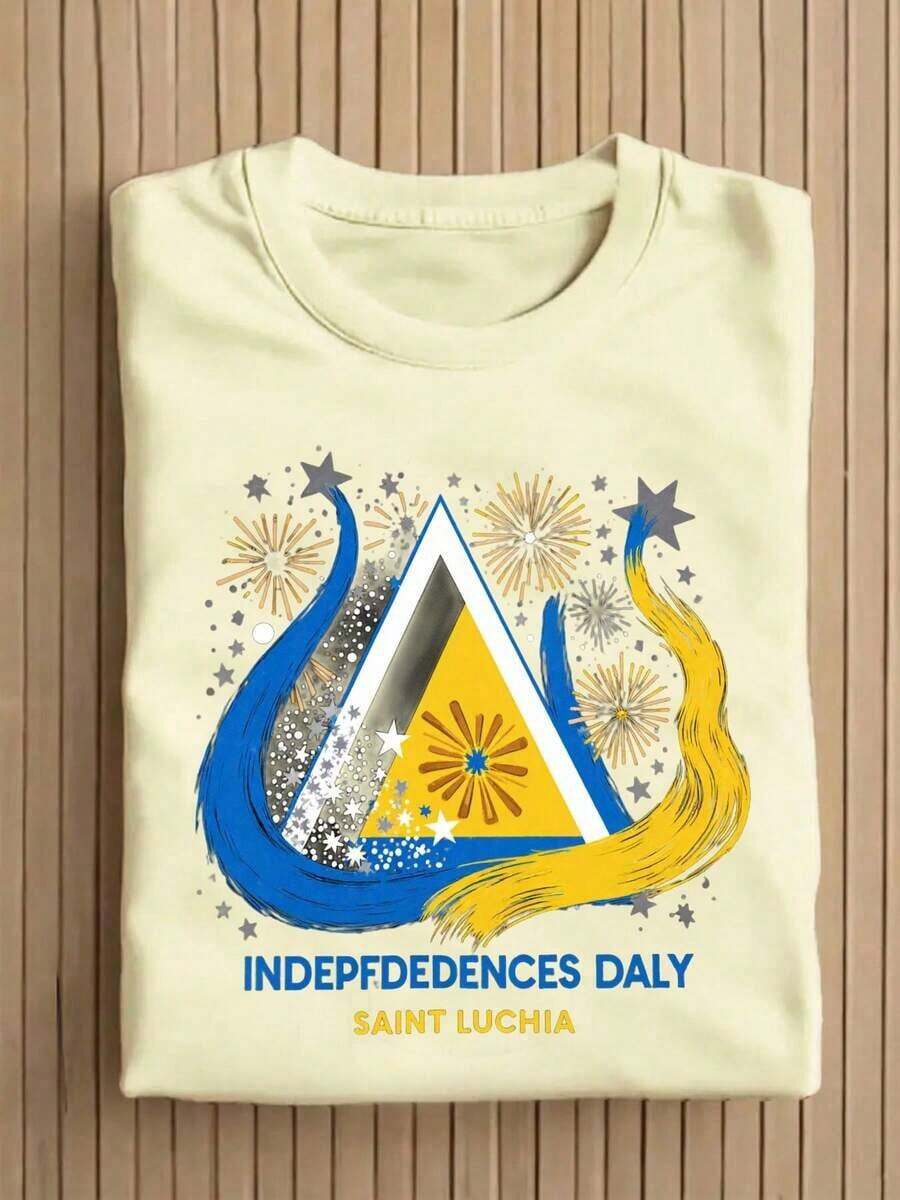 Men's T-Shirt For Saint Lucia Independence Day - National Flag Fireworks Print And Triangle Star, Short Sleeve, Crew Neck, Casual Style For All Seasons, Machine Washable, Ideal For Parades, Cultural Events And Casual Wear. - 杏色 - 查看 1