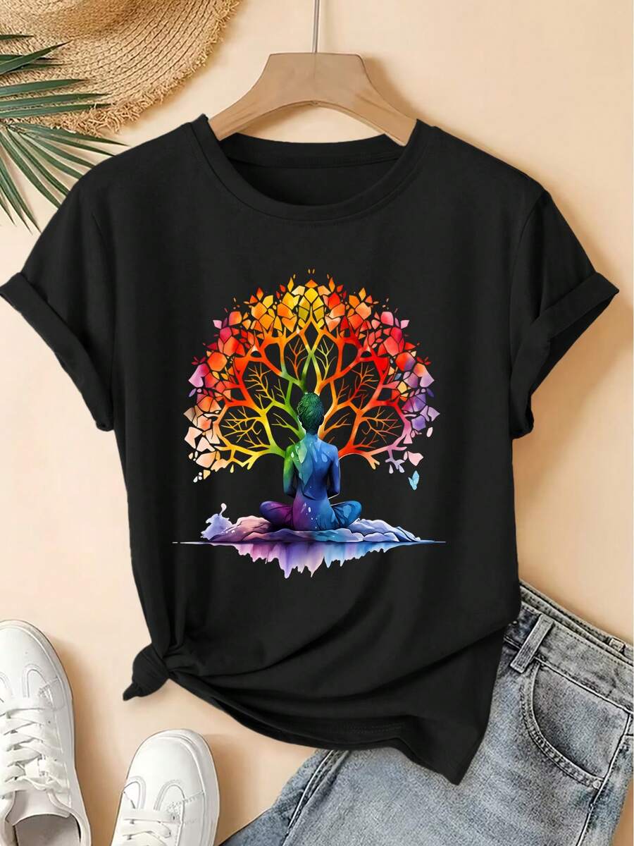 Camiseta de Mujer Primavera/Verano 2026, Nuevo Estilo, Cuello Redondo, Estampado de Yoga con Árbol de la Vida y Arcoíris, Manga Corta, Estilo Vintage Desgastado, Top Casual, Tejido de Punto Suave, Ropa de Mujer de Alta Calidad.|Diseño Divertido y Original|Adecuado para uso diario en primavera, verano y otoño.|Top divertido y rejuvenecedor - Negro - Ver 1