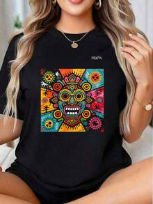 Limited Time Offer, Limited Quantity Available, Lightning , Women's Shirts, Women's T-Shirts. Women's Oversized White T-Shirt, Short Sleeve, Round Neck, Colorful Graffiti  Mask Print, Casual Mexican Style For Everyday Wear - 黑色 - 查看 11