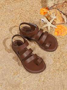 1 Pair Girls' Quality PU Thin Strap Hook And Loop Design Open Toe Flat Retro Roman Sandals, Unisex Summer Beach Shoes (Select Size Based On Foot Length Chart) - Brown - View 9