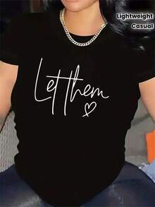Camiseta Negra para Mujer con Estampado 'Let Them Script' y Diseño de Corazón - Top Casual Ligero de Cuello Redondo, Letras Blancas y Recortes de Corazónblusas para mujer>ropa - Negro - Ver 7