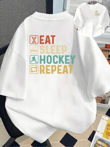 New 180gsm Short-Sleeved T-Shirt, 1% Cotton, With Prints On The Front And Back - Eat, Sleep, Hockey, Repeat, Hockey - Fashionable Printed T-Shirt For Women, Your Best Choice! - Suitable For Layering In Spring And Autumn, And For Wearing Alone In Summer, Unisex Style. - 白色 - 查看 1