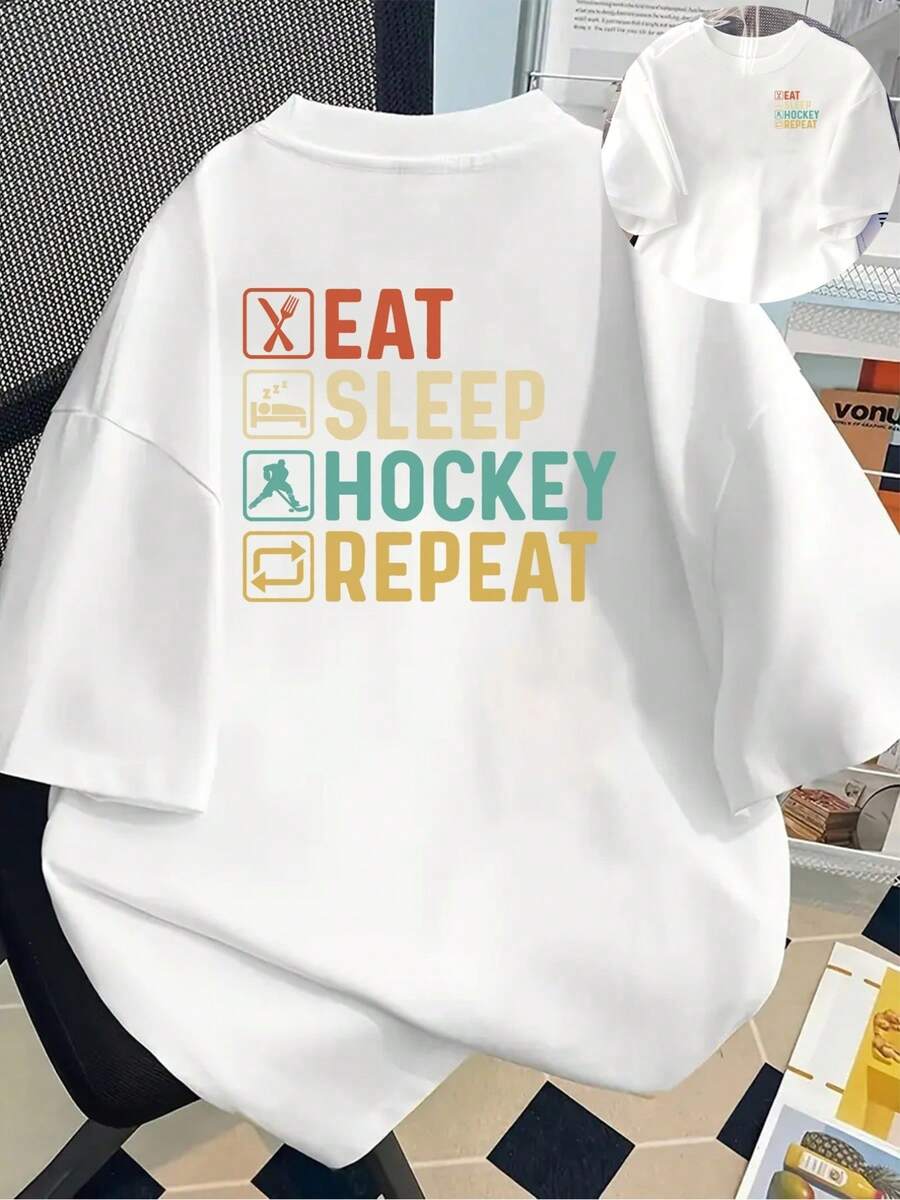 New 180gsm Short-Sleeved T-Shirt, 1% Cotton, With Prints On The Front And Back - Eat, Sleep, Hockey, Repeat, Hockey - Fashionable Printed T-Shirt For Women, Your Best Choice! - Suitable For Layering In Spring And Autumn, And For Wearing Alone In Summer, Unisex Style. - 白色 - 查看 1