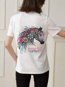 Camiseta de manga corta para mujer, holgada, de cuello redondo, con estampado floral de cabeza de caballo de dibujos animados, adecuada para vacaciones, oficina, salidas, uso diario, citas, fiestas, reuniones, ropa de calle, carnavales, festivales de música, Día de San Valentín y otras ocasiones, color blanco casual, 100% algodón. - Blanco - Ver 3