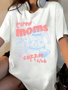 Women's Graphic T-Shirt From The Tired Moms Coffee Club, Teapot And Cup Design, Black, Casual [Suitable For Leisure And Sports Activities] - 白色 - 查看 7