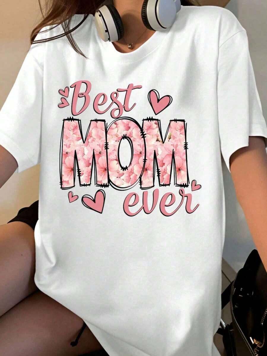 Women's Floral Print T-Shirt "World's Best Mom" Mother's Day Gift, Black Cotton T-Shirt With Pink Hearts And Flowers Design, Casual Clothes For Moms - 白色 - 查看 1