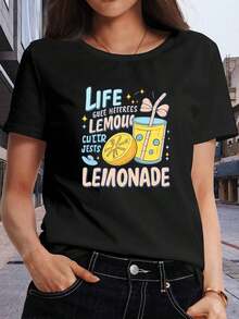 Women's T-Shirt, Regular Fit Black Cotton T-Shirt, Short Sleeve, Round Neck, With Lemonade Graphic Print, Casual And Modern Top For Leisure Time - 黑色 - 查看 6