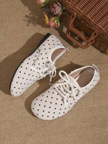 Women's Polka Dot Lace-Up Flat Casual Shoes, Soft Bottom Round Toe Breathable Retro Daily Loafers - Beige - View 6