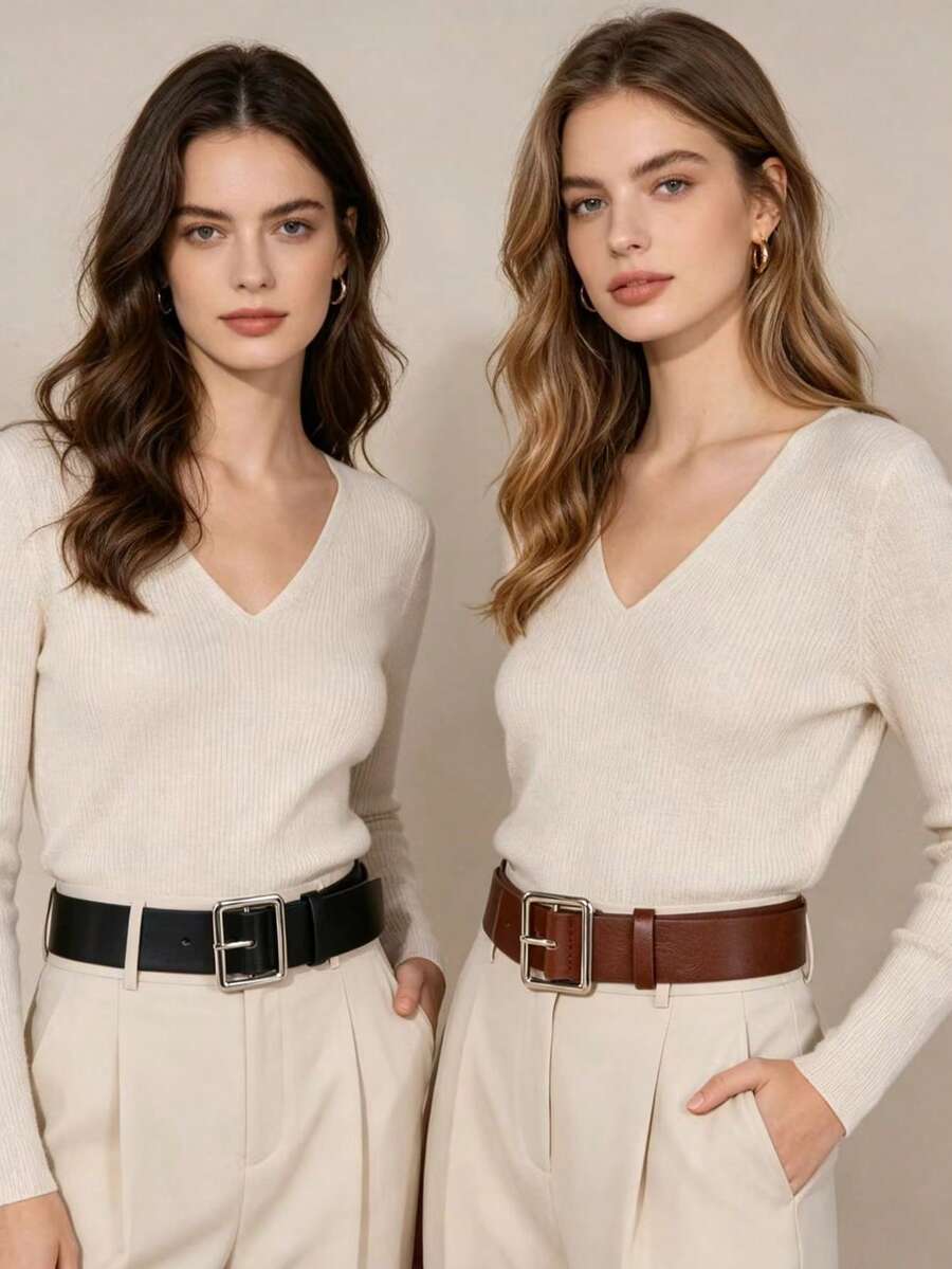 2pcs Solid Buckle Decor Wide Waist Belt, Versatile Student Style Suitable For Daily Use - Multicolor - View 1