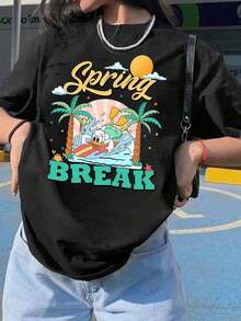 New 2026 Collection: Women's Cotton T-Shirt, Short Sleeve And Round Neck, With Spring Break  Graphic Print, Regular Fit, Breathable And Lightweight, For Sports And Leisure, Suitable For Gifts And Parties. - Black - View 1