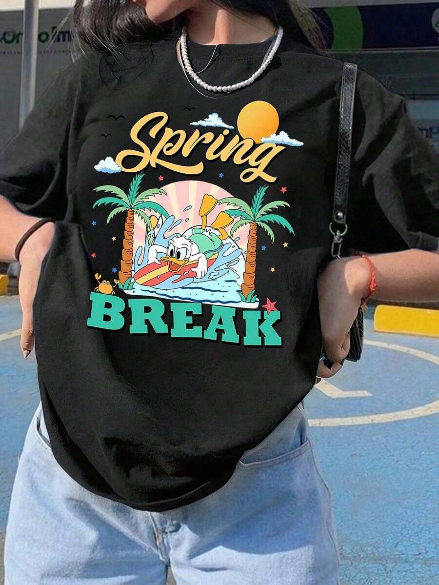 New 2026 Collection: Women's Cotton T-Shirt, Short Sleeve And Round Neck, With Spring Break Graphic Print, Regular Fit, Breathable And Lightweight, For Sports And Leisure, Suitable For Gifts And Parties. - Black - View 1