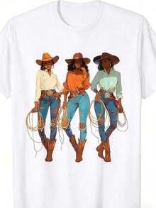 Women's 100% Cotton T-Shirt, Round Neck, Summer T-Shirt With African American Cowgirl Print, Western Texas Rodeo Style, Perfect For Holiday Outfits And Birthday Celebrations, Casual Daily Wear. - 白色 - 查看 2