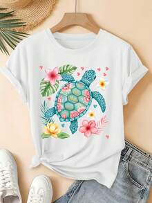 Women's Summer Clothes, Plus Size Casual Short Sleeve Crew Neck T-Shirt With Fresh Floral Tropical Print, Versatile Retro Top For Everyday Travel Vacation Fashion Available 1XL-5XL - 白色 - 查看 1