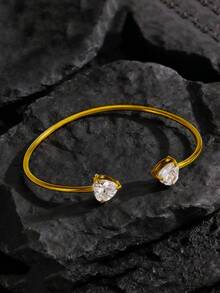 Bộ 3 vòng tay bằng thép không gỉ mạ vàng 18K hình trái tim đính pha lê, thích hợp cho nữ đeo hàng ngày, làm quà tặng ngày lễ, bộ vòng tay thời trang. - Vàng - Xem 3