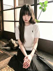 夏季新款甜美少女刺绣纹理针织短袖T恤，纯可爱修身露脐优雅休闲百搭T恤，适合通勤、约会、Y2K复古校园、海滩、派对、母亲节、婚礼等场合，优雅针织上衣 - 杏色 - 查看 1