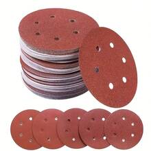 30pcs 150mm/6inch 6-Hole Hook & Loop Sanding Discs, Random Assorted Grits 60/80/100/120/150/180/240/320/400/600 For Orbital Sander - Red - View 3