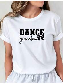 Soft Latest Design Dance Graphic Print T-Shirt For Grandmother's And Mother's Day, Casual Crew Neck T-Shirt, Short Sleeve T-Shirt For Spring And Summer Vacation, New Women's Clothing, Machine Washable, Casual Crew Neck Top, Comfortable Women's Clothing, Cute, New Arrival - 白色 - 查看 6