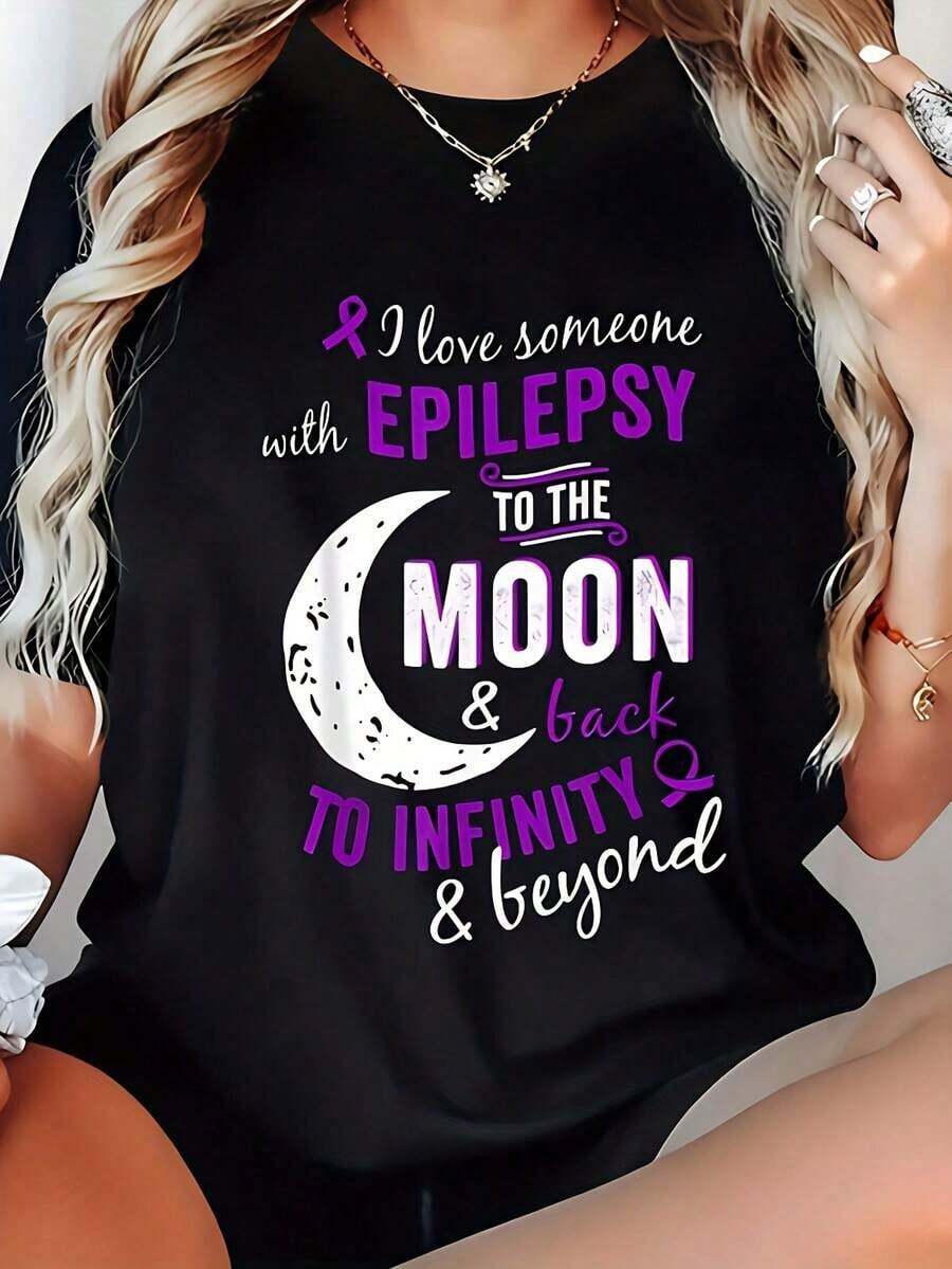 Women's Epilepsy Awareness T-Shirt - "I Love People With Epilepsy To The Moon And Beyond" - Casual Short Sleeve Crew Neck T-Shirt With Purple Ribbon And Epilepsy Design, Machine Washable, Regular Fit. Suitable For Casual Wear And Epilepsy Charity Events, Symbolizing The Moon And Infinity, Supporting Women's Rights. Comfortable And Stylish Epilepsy Advocacy Clothing. Women's Blouses > Clothing - 黑色 - 查看 1