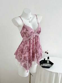 Top de mujer con estampado de leopardo y dobladillo asimétrico con encaje - Rosa - Ver 4