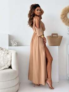 Women's Red Dress With V-Neck, Off-The-Shoulder Lacing, Three-Quarter Sleeves, High Side Slit, Gathered Waist, Flowing Chiffon Fabric, Elegant And Sexy Style Ideal For Summer Vacations, Beach Parties And Formal Evening Events - 駝色 - 查看 3