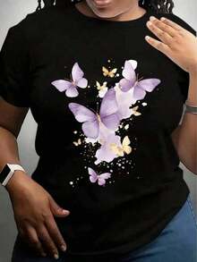 Women's T-Shirt, Casual T-Shirt For Women With Purple Butterfly Print - Short Sleeve, Round Neck, Lightweight And Breathable, Fashionable Summer T-Shirt, Breathable Clothing With Fun Print, Comfortable Fit, Ladies' T-Shirts - 黑色 - 查看 1