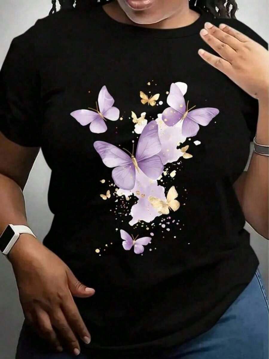 Women's T-Shirt, Casual T-Shirt For Women With Purple Butterfly Print - Short Sleeve, Round Neck, Lightweight And Breathable, Fashionable Summer T-Shirt, Breathable Clothing With Fun Print, Comfortable Fit, Ladies' T-Shirts - 黑色 - 查看 1