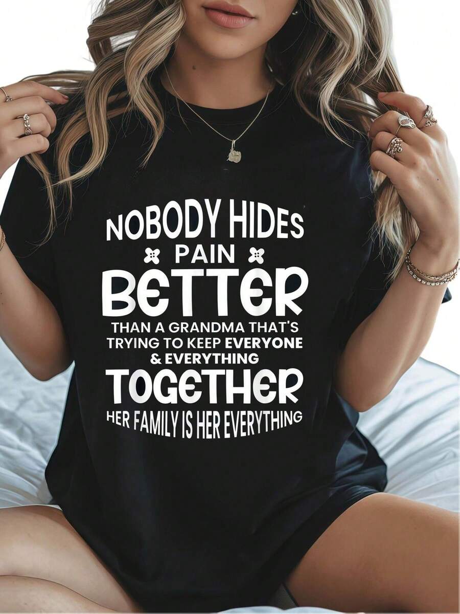 Women's Printed T-Shirt - Casual Black Short Sleeve Crew Neck T-Shirt With White Text, Relaxed Fit For All Seasons, Perfect For Everyday Wear And Holiday Outfits (Machine Washable) - Design With Straight And Wavy Blonde Hair. - 黑色 - 查看 1
