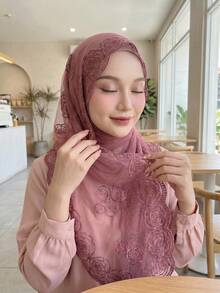 1pc Women's Rose Embroidered Scarf, Lightweight Breathable Lace Headscarf - Multicolor Rose Embroidery - View 3