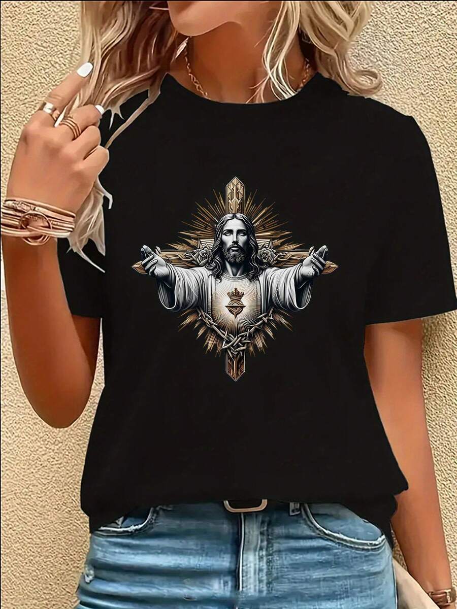 Women's Casual Short Sleeve T-Shirt - Printed Design, Loose Round Neck, Breathable Medium Stretch Fabric, Machine Washable, Versatile Garment For All Seasons, Suitable For Daily Wear, Fun Prints, Comfortable Material, Modern Style. - 黑色 - 查看 1