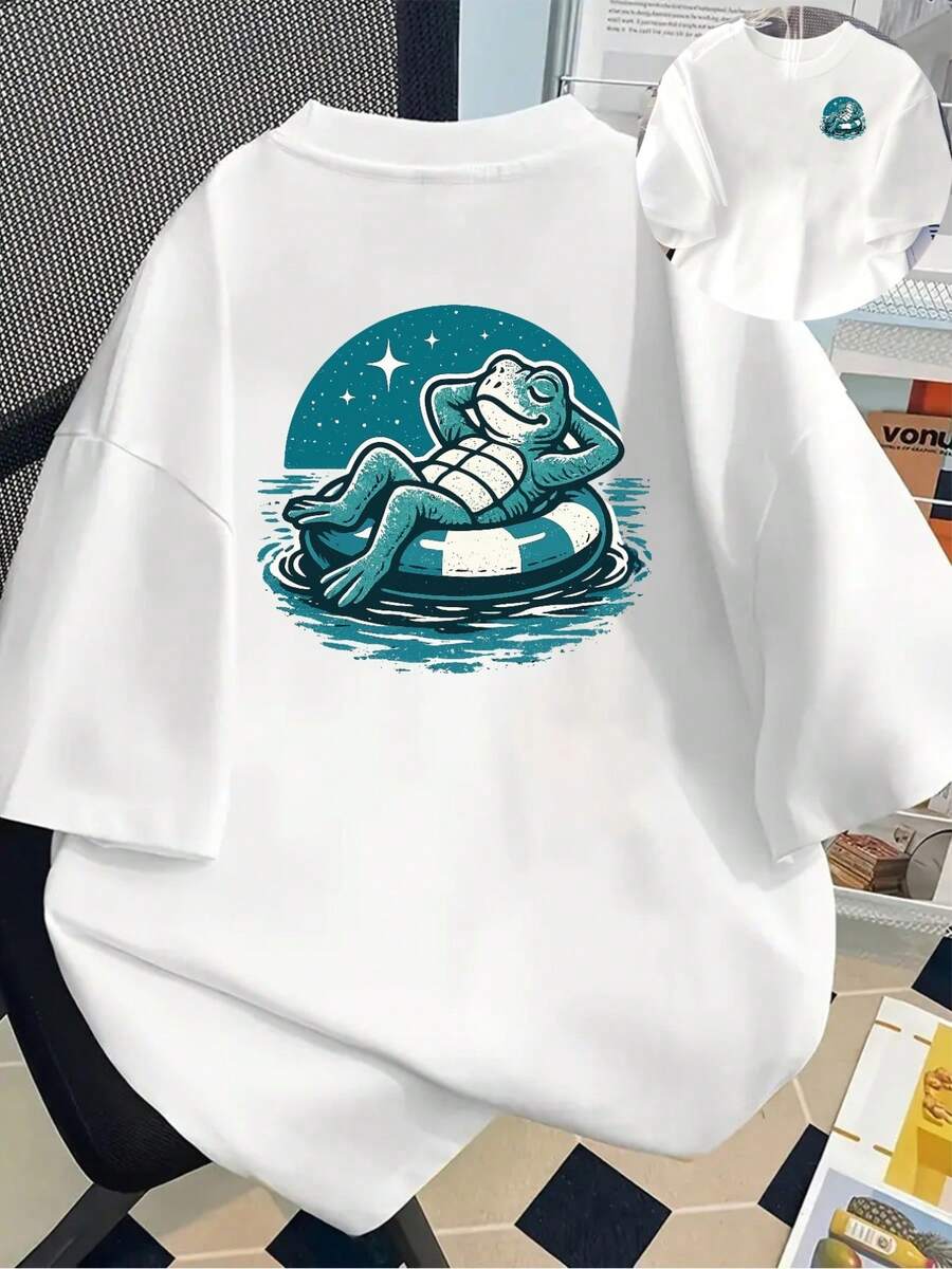 | Exquisite Design | Loose And Comfortable | Easy To Match | Short-Sleeved Printed T-Shirt With Designs On The Front And Back - Frog, Inflatable Float -  Printed T-Shirt For Women, Spring/Summer, Your Best Choice! - 白色 - 查看 1