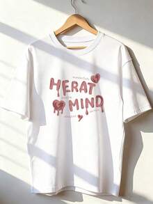 T-Shirt With "HEART MIND" Text And Pink Hearts,  Short-Sleeved T-Shirt For Spring And Summer 2026, Made In Mexico, 180 Grams. Cartoon Print, Couple Design, Suitable For Indoor Or Outdoor Wear. Crew Neck, Unisex, Ideal For The Office And Leisure. One-Pack. - WH-P631577SLNDXZGY610 - 查看 1