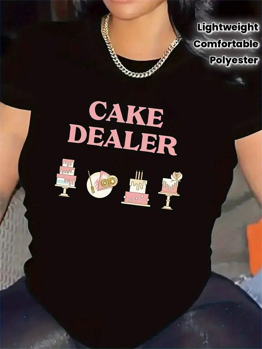 1 Polyester T-Shirt With Cake Print, Ideal For Use In The Kitchen Or At Parties, Durable And Lightweight, Comfortable Fit For Everyday Use, Stylish Design For Women's Casual Outfits, 180g 100% Cotton. - 黑色 - 查看 1