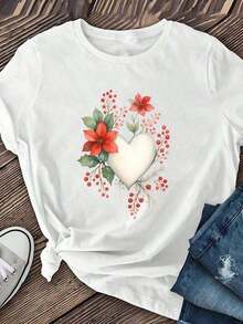 NewSummerCasual Blouses For Women: Women's Short Sleeve T-Shirt With Floral And Heart Print - Casual Crew Neck Blouse, Soft And Breathable, Ideal For Daily Wear, Loungewear And Spring-Summer Outfits - Machine Washable And Comfortable - Suitable For Spring, Summer And Autumn - Vintage Street Style Unisex Loose Cotton Short Sleeve Crew Neck T-Shirt - 白色的 - 查看 2