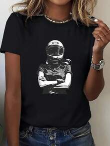 Women's T-Shirt: An Interesting Short-Sleeved T-Shirt With A Biker Girl Print, A Casual And Modern T-Shirt For Women, A Stylish And Unique T-Shirt With A Comfortable Round Neck Print, A Suitable T-Shirt For Gifting, A Comfortable And Breathable Sports T-Shirt For Women. - 黑色 - 查看 1