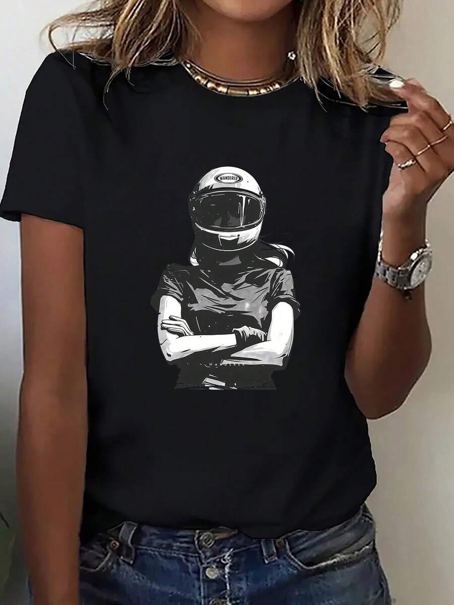 Women's T-Shirt: An Interesting Short-Sleeved T-Shirt With A Biker Girl Print, A Casual And Modern T-Shirt For Women, A Stylish And Unique T-Shirt With A Comfortable Round Neck Print, A Suitable T-Shirt For Gifting, A Comfortable And Breathable Sports T-Shirt For Women. - 黑色 - 查看 1