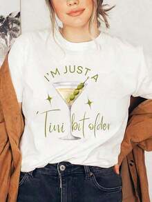 1 Piece Printed Cotton T-Shirt - Women's T-Shirt 'Martini I'Just A 'Tini Bit Older Drinking Birthday', Summer Tops Y2K, Men's Plus Sizes S To 5XL, Soft Summer T-Shirt. - 白色 - 查看 3